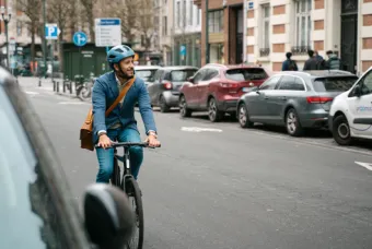 Un homme traverse une zone résidentielle à vélo